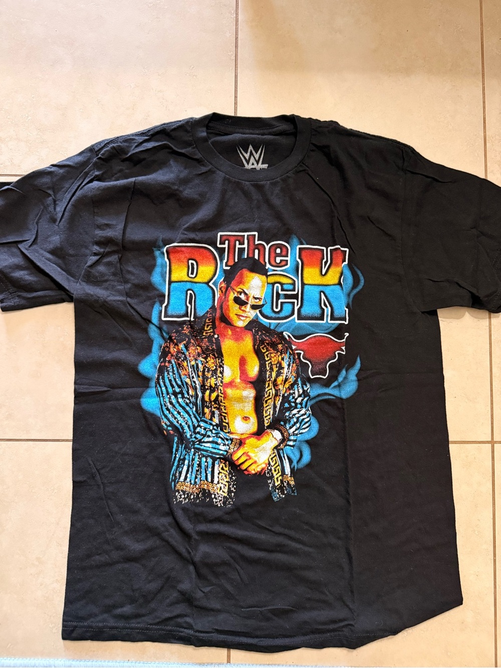 WWE Black Tee with Multicolor The Rock Front Graphic